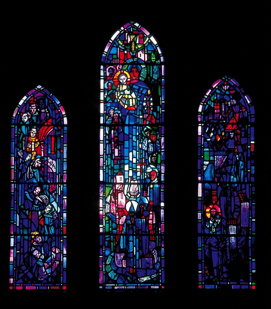 The City of God and the Monk's Journey, the Lady Chapel, Pluscarden Abbey 1958 - 60. Left light by Br Gilbert, centre and right lights by Dom Ninian.